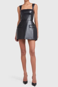 Clearance Amanda Uprichard Bethany Skort Romper in Faux Leather Black